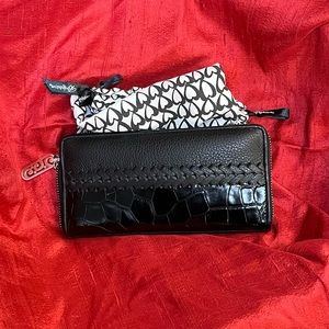 Brighton Black Embossed and Pebble Leather Wallet with Shoulder Strap